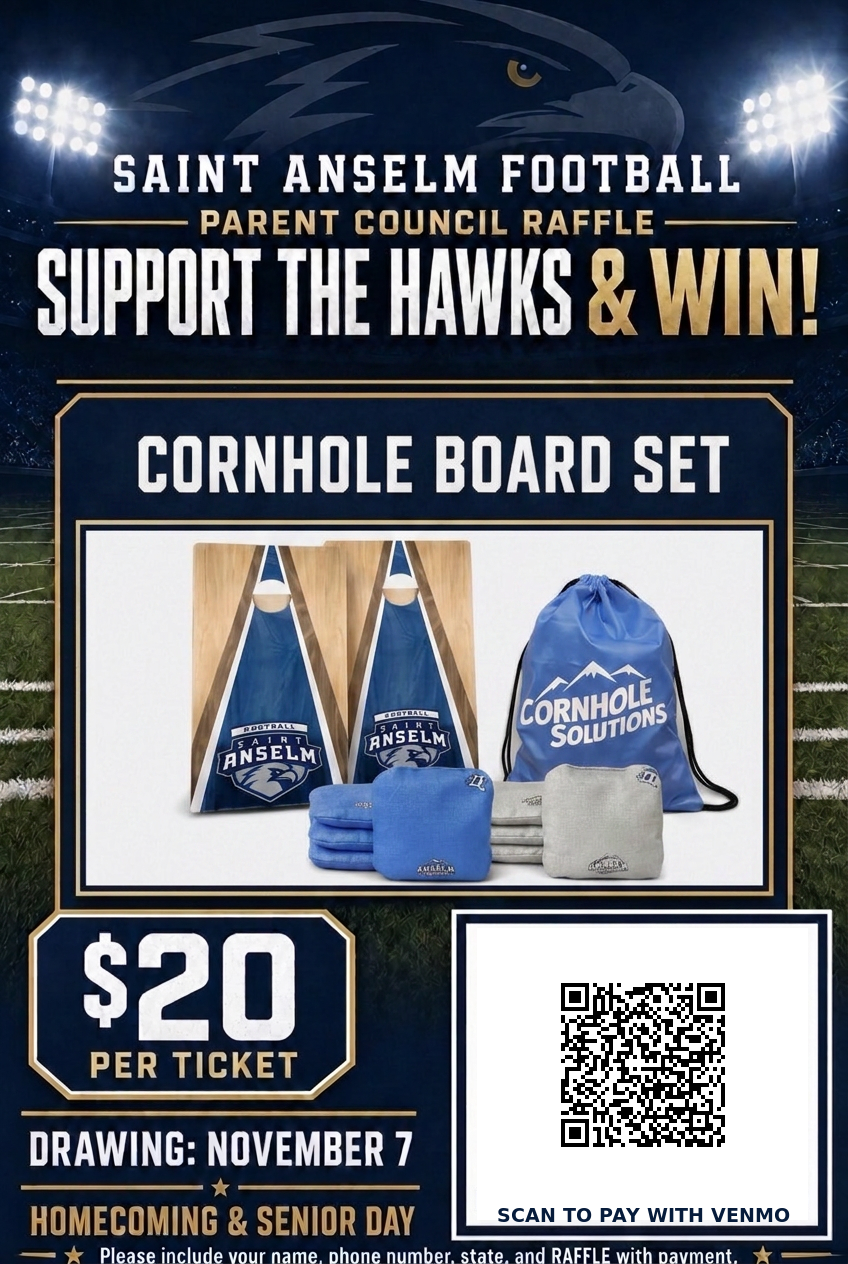 Saint Anselm Football Parent Council cornhole board set raffle flyer with Venmo QR code