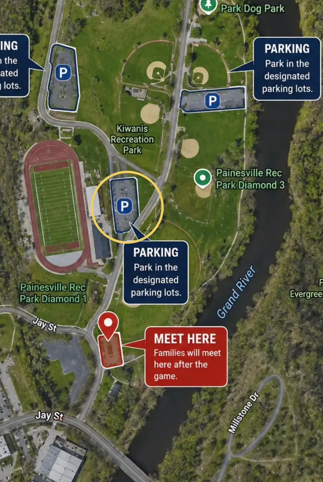 Painesville Recreation Park map showing the yellow-circled 1:00 PM parent meetup lot and the red after-game meeting area